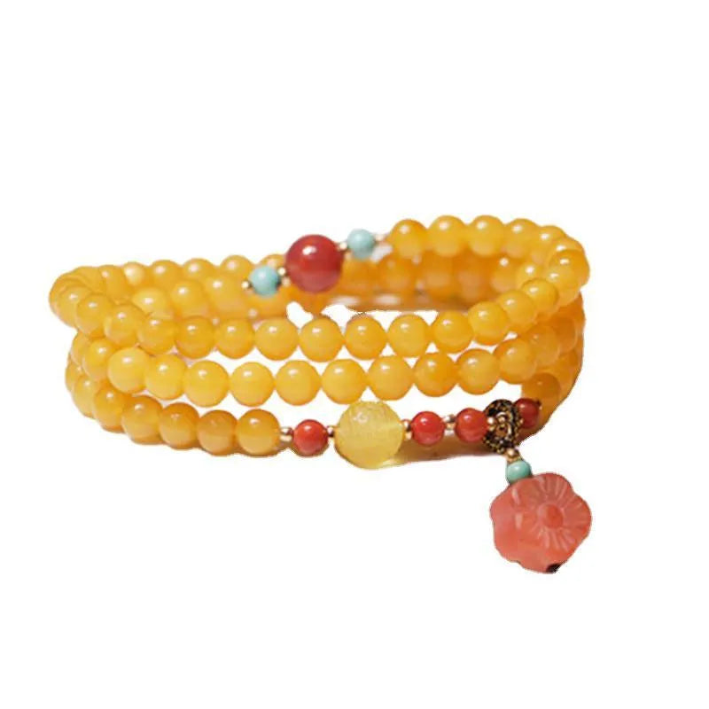 Yellow amber bracelet with 5mm beads and animal zodiac design for women's retro style travel gifts