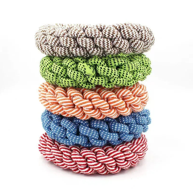 Cotton string braided ring dog toy with knotted design measuring approximately 18cm