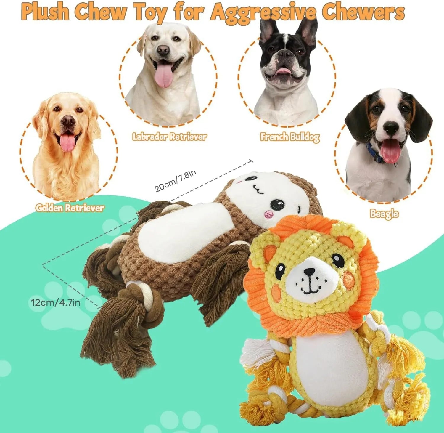 Lion and monkey plush squeaky dog toys with no-stuffing construction for medium large dogs