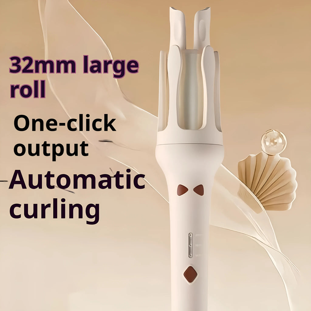 Automatic hair curler in white with purple accents, showing 32mm barrel and UK plug.