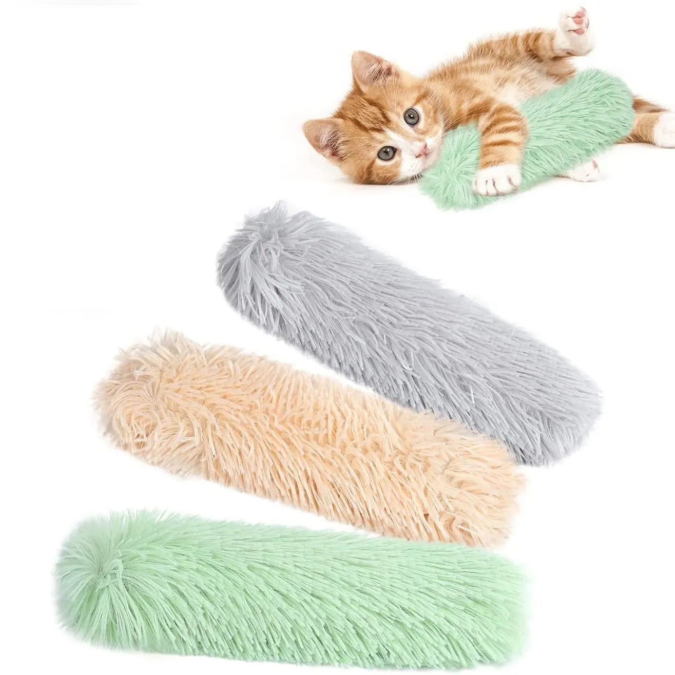 Green plush cat chew toy pillow stick with dimensions 27cm by 10cm