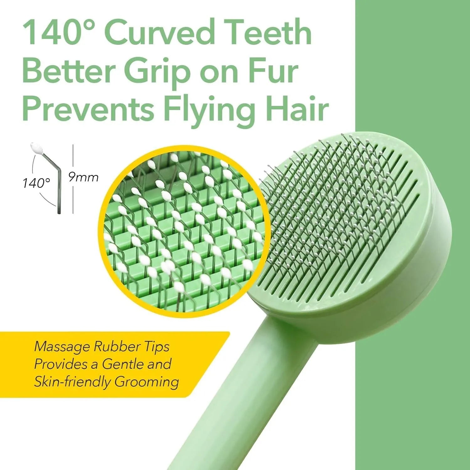 Green and yellow 2-in-1 pet grooming and deshedding brush with curved stainless steel teeth on a white background.
