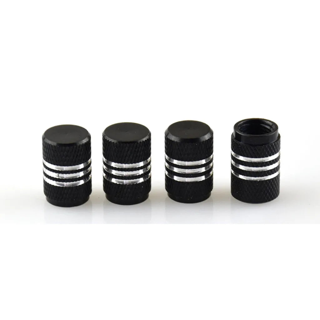Set of coloured aluminium alloy car tyre valve caps in black, red, blue, gold, silver, green, purple, sky blue, grey, and orange