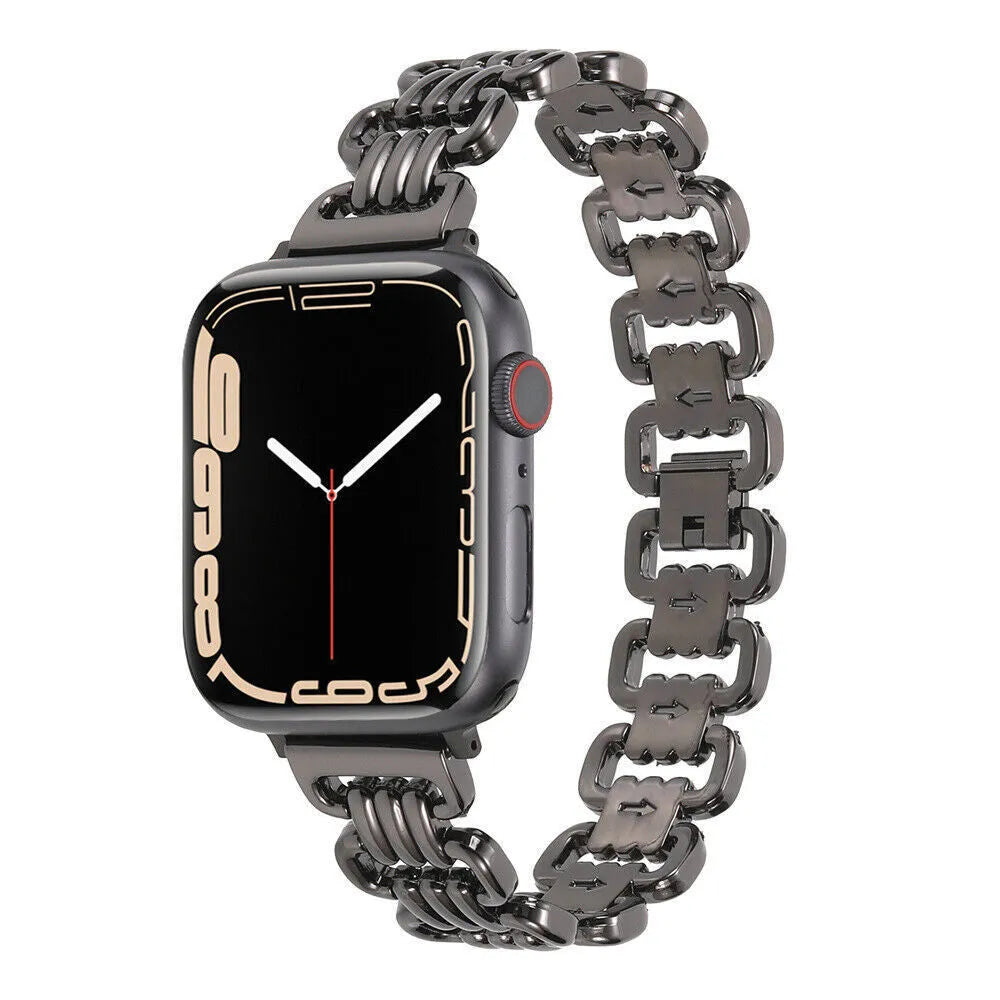 Alloy metal Apple Watch bracelet in silver, black, gold, rose gold and Starlight colours for 38mm to 49mm models.