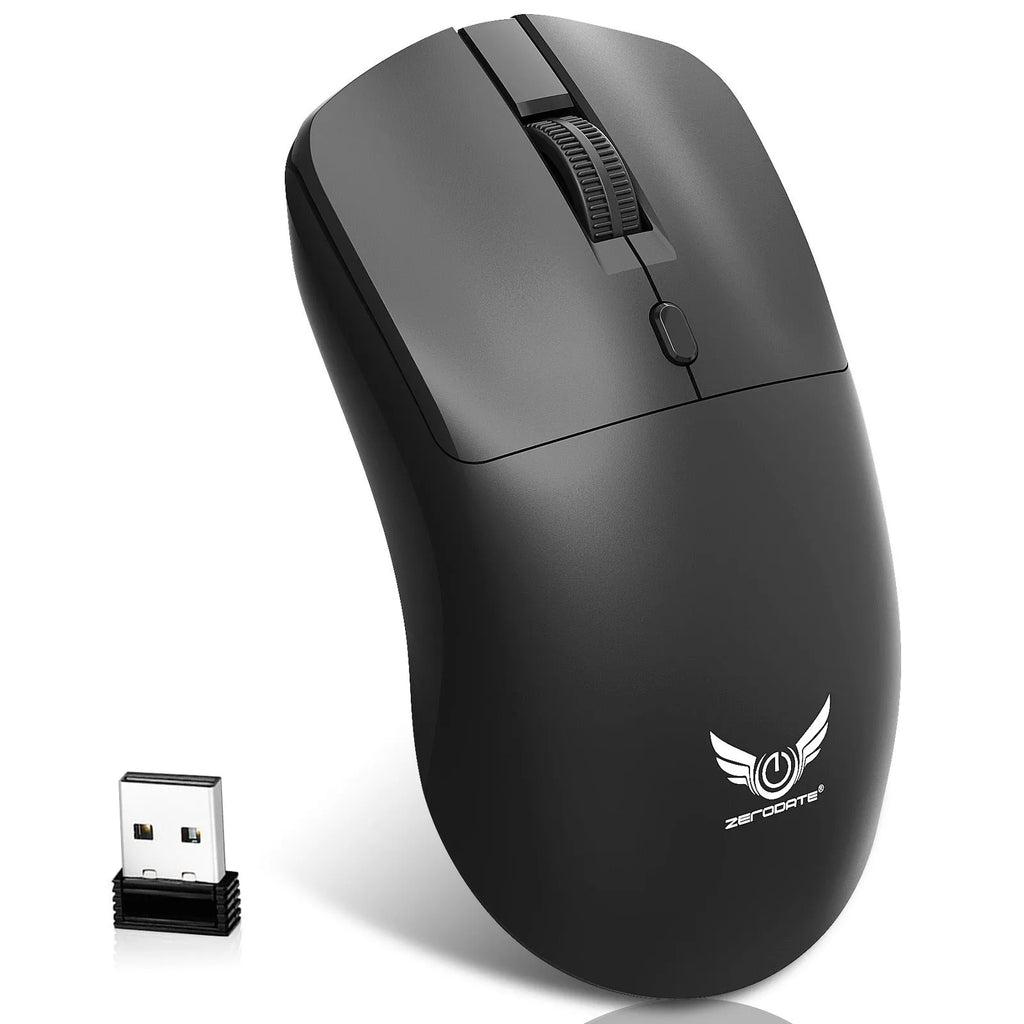 Black wireless mouse with three DPI settings and audio control button for laptop use
