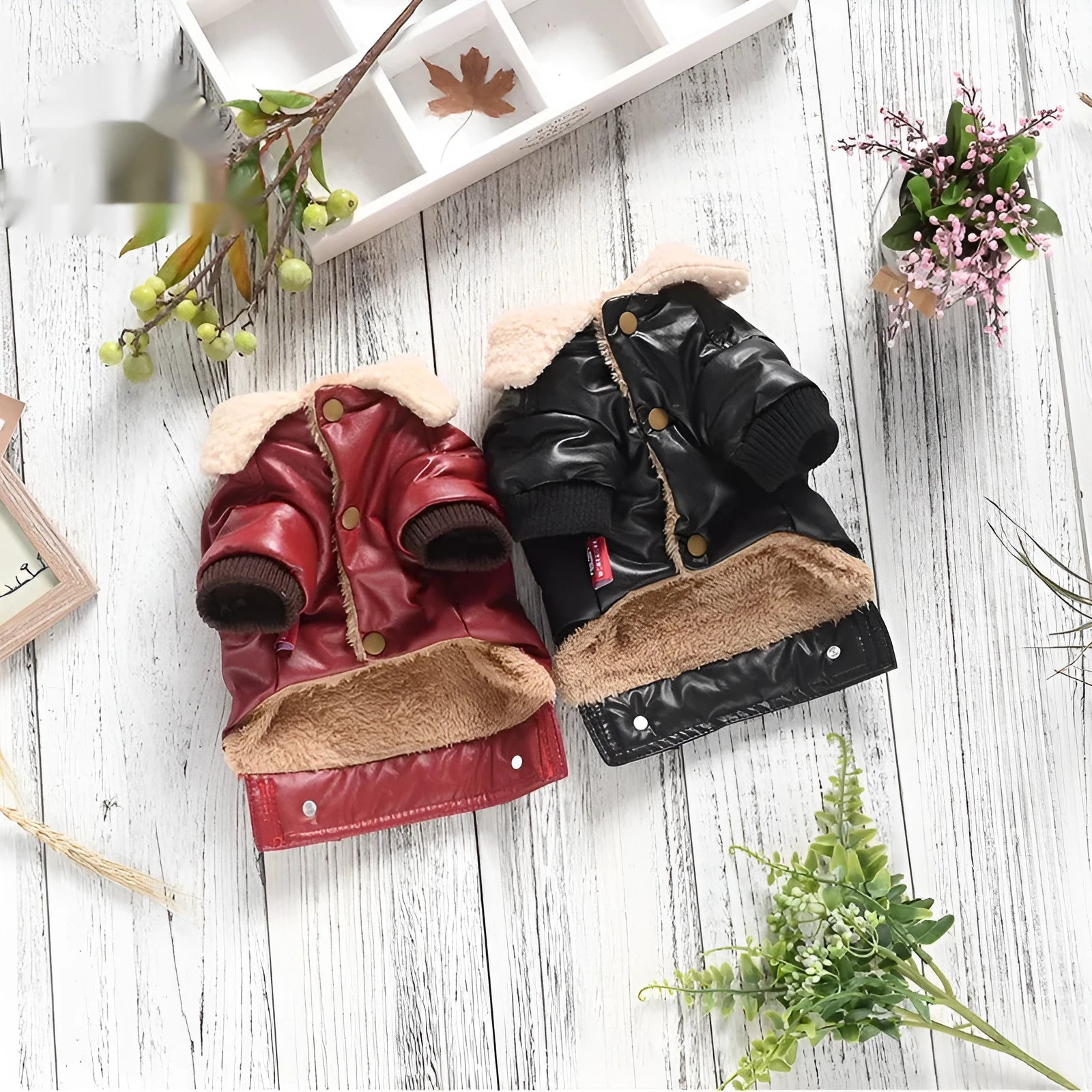 Red fleece-lined PU leather coat for a small dog, showing the two-legged design and British style.