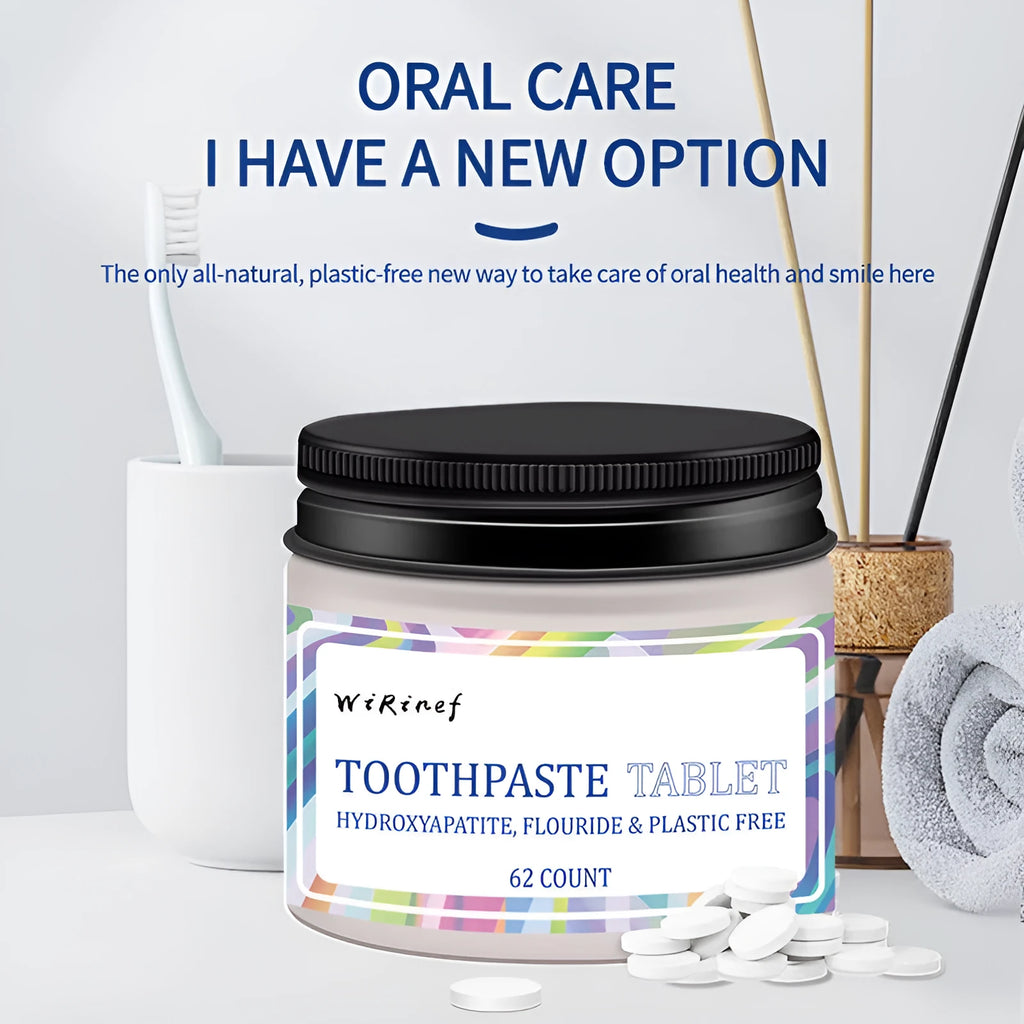 62 solid toothpaste tablets in TP19 formulation for portable oral cleaning