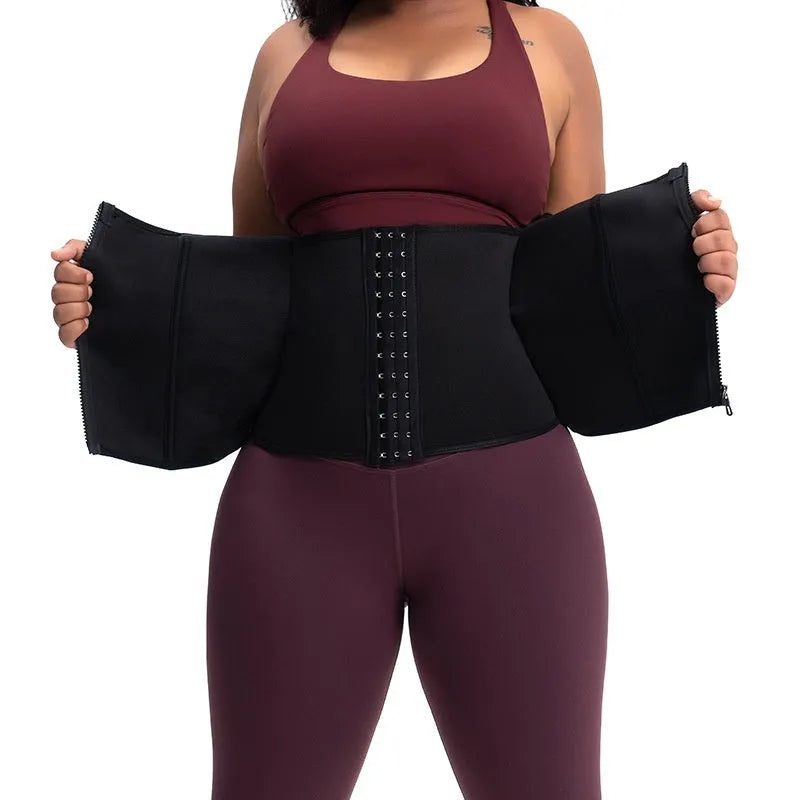 Neoprene belly band corset in black, shown flat, with hook-and-loop closure.
