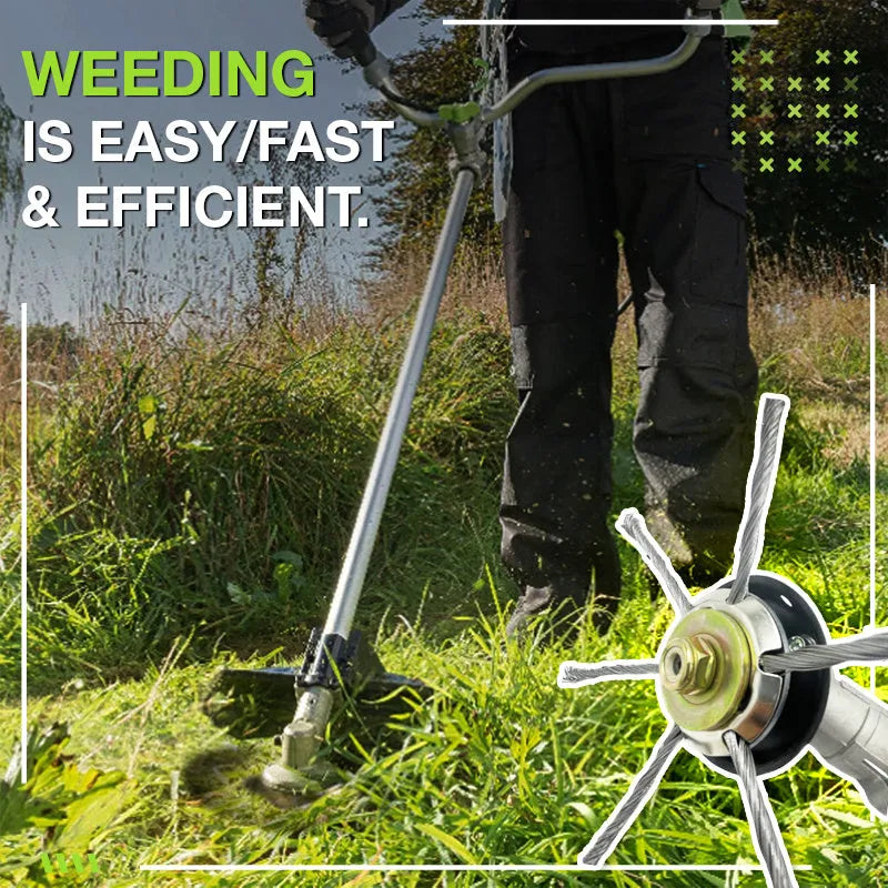 Stainless steel wire mower accessory for grassland weeding, showing 150mm diameter and knife options.