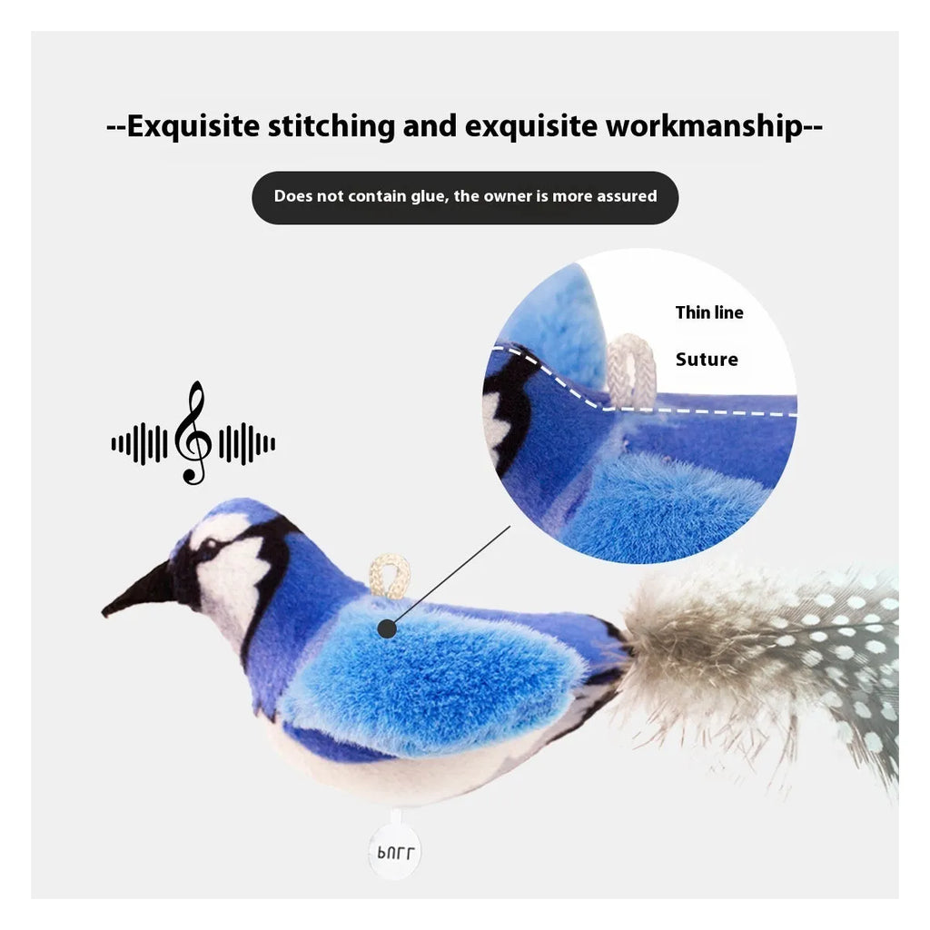 Colourful bird simulation plush cat toy in blue kingfisher design with soft fabric construction