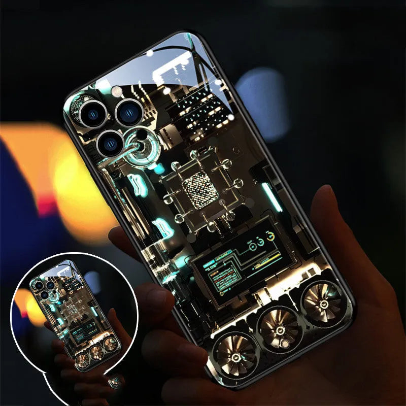Tempered glass mobile phone case for iPhone with illuminated incoming light notification feature.