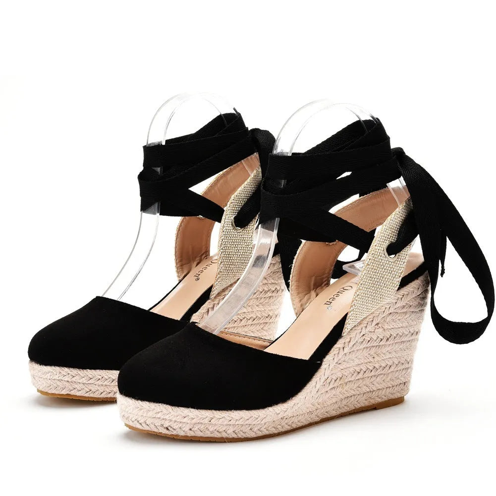 Women's apricot Bohemian wedge sandals with beaded tassels and an adjustable buckle on a 10.5cm heel.