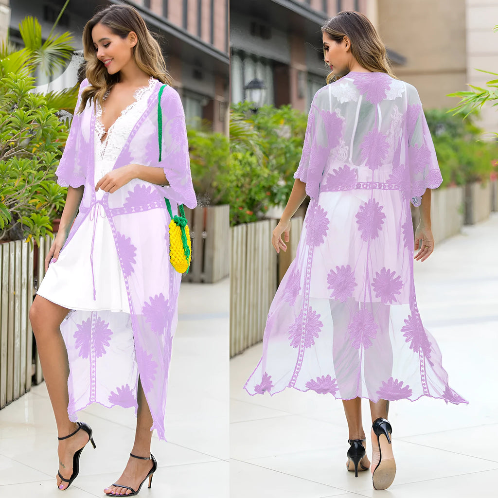 Light purple lace embroidery beach dress cover-up with free size for women