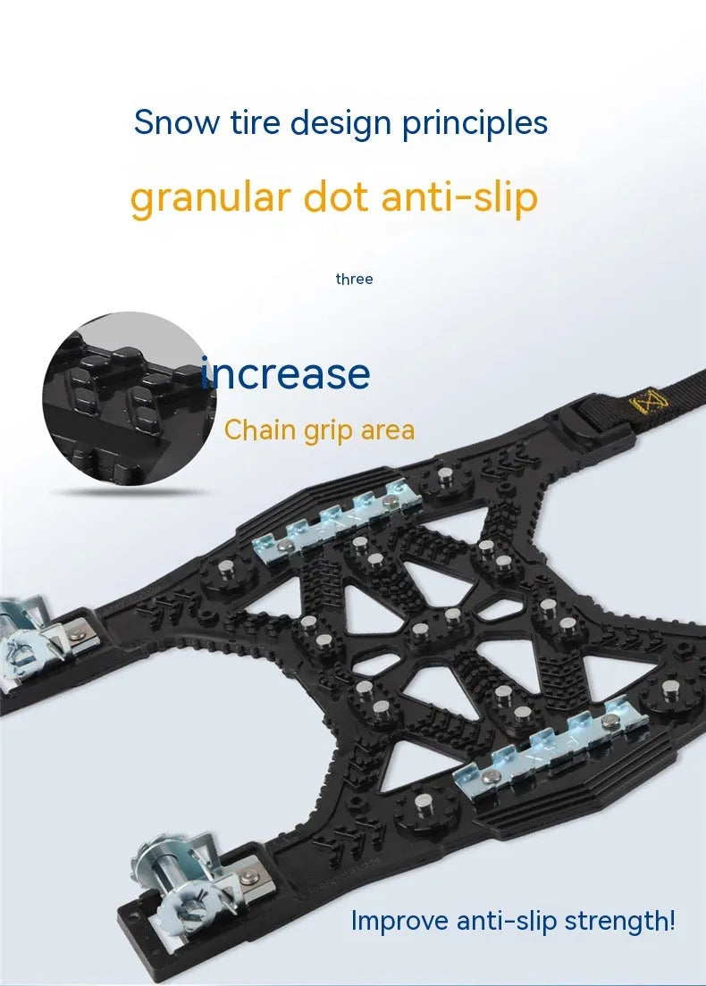 Universal car and SUV snow chains with steel gear links in black or yellow plastic casing with fitting tools