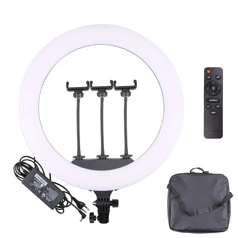 18-inch diameter LED ring light with remote control on a 210cm adjustable aluminium stand for live streaming