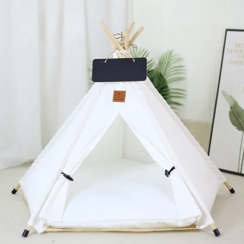 Flax linen pet teepee tent with striped pattern and cushion for small dogs cats