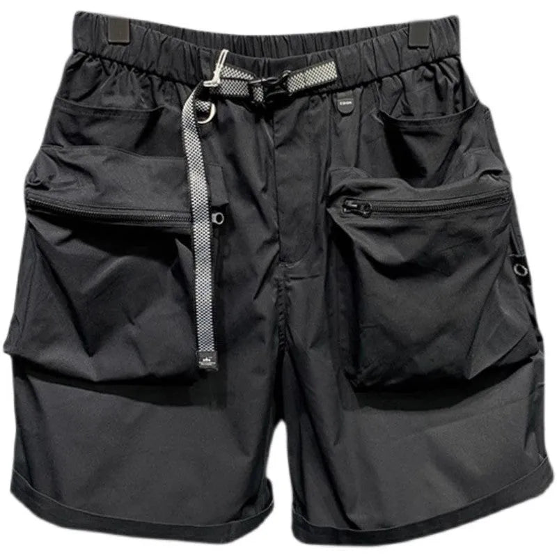 Men's large size loose fitting black shorts with pockets and straight leg hem.