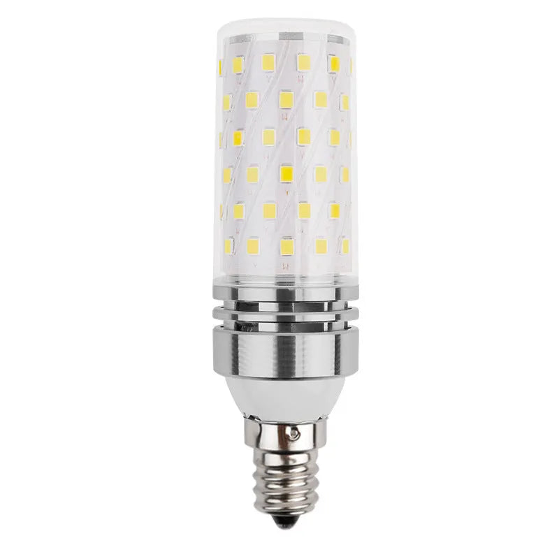 E14 screw base corn LED light bulb with visible LED beads and copper bracket inside.