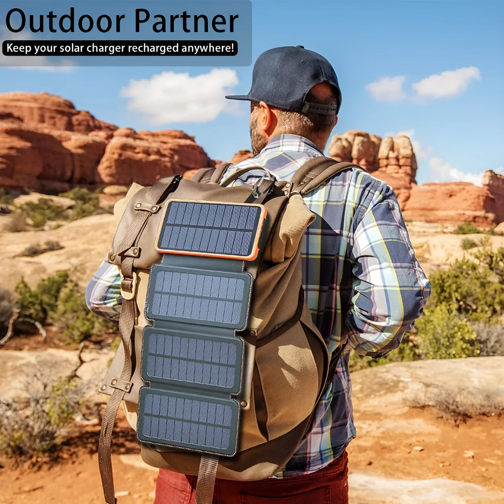Outdoor solar phone charger with leather casing showing solar panel and LED light