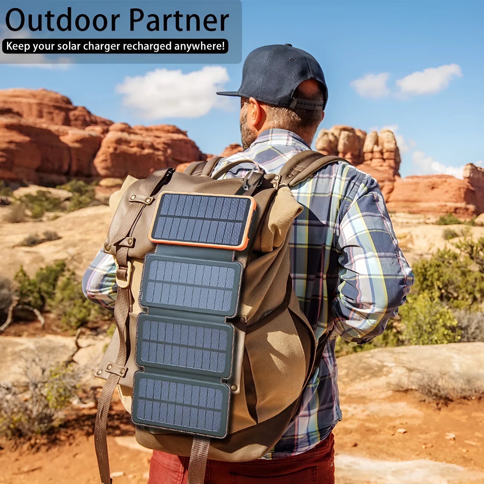 Outdoor solar phone charger with leather casing showing solar panel and LED light