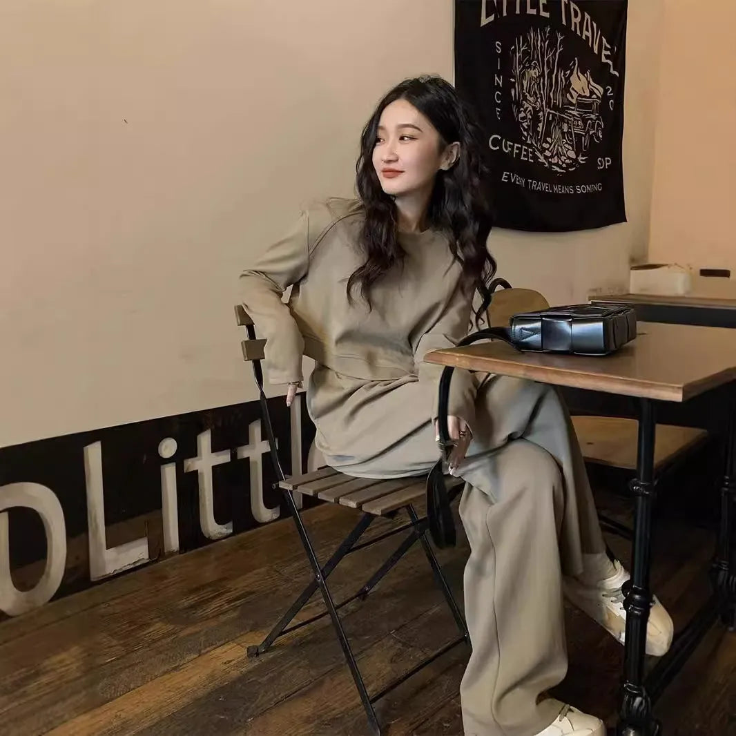Women's brown casual sports suit with loose-fitting top and trousers in Japanese Korean style