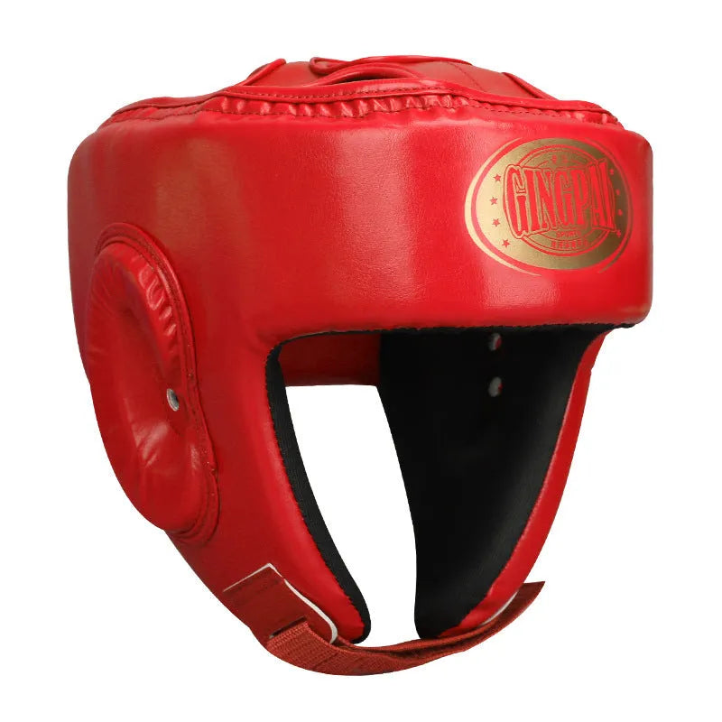 Red fully enclosed boxing helmet with jaw protection on white background