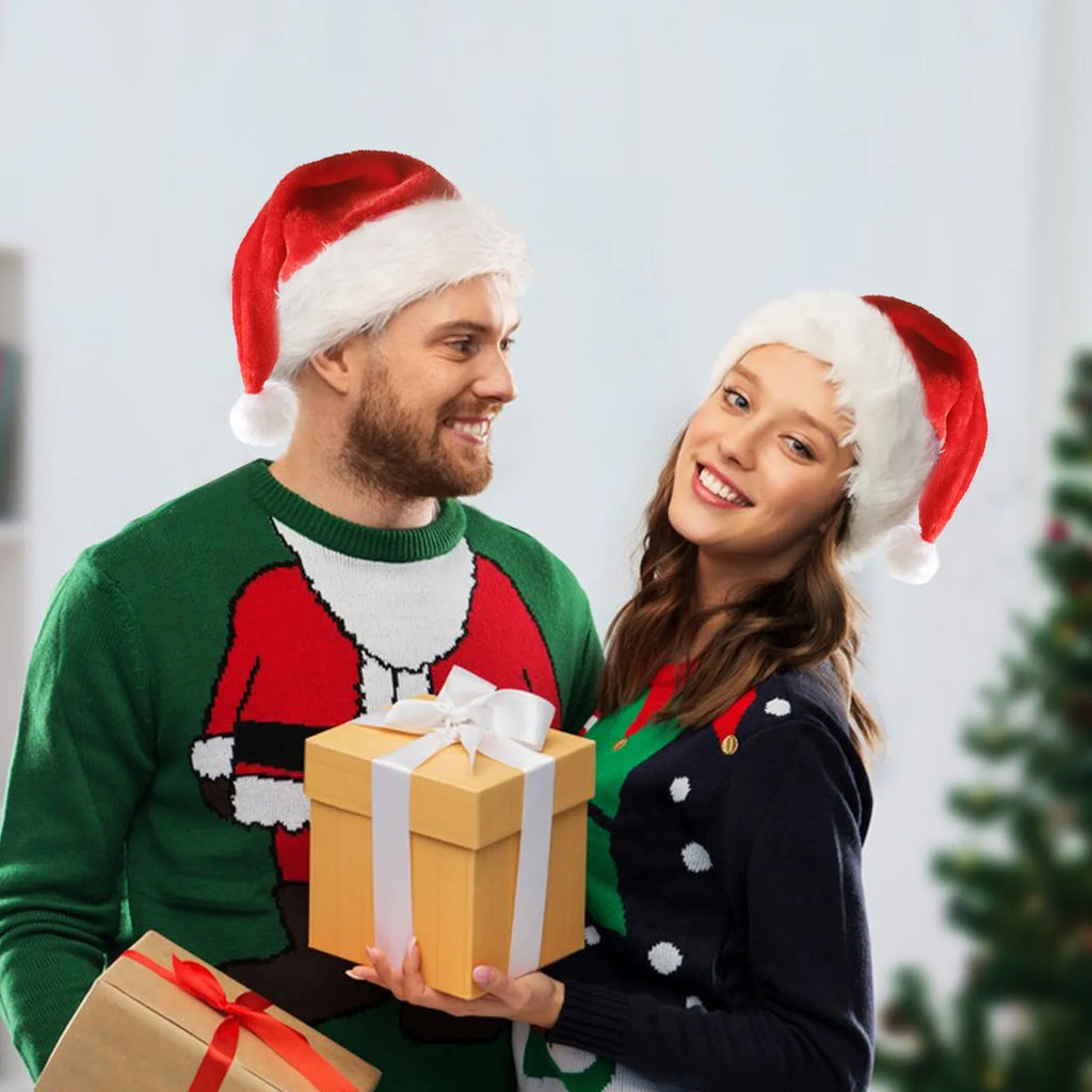 Red and white plush Santa hat with LED lights illuminating in multiple colours