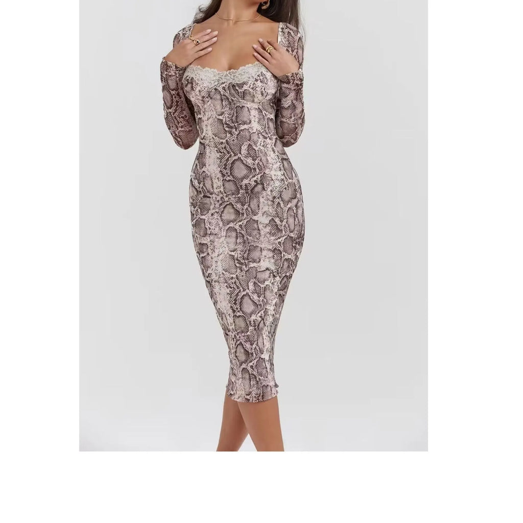 Grey slim fit lace dress with 3D digital pattern and a-line skirt silhouette