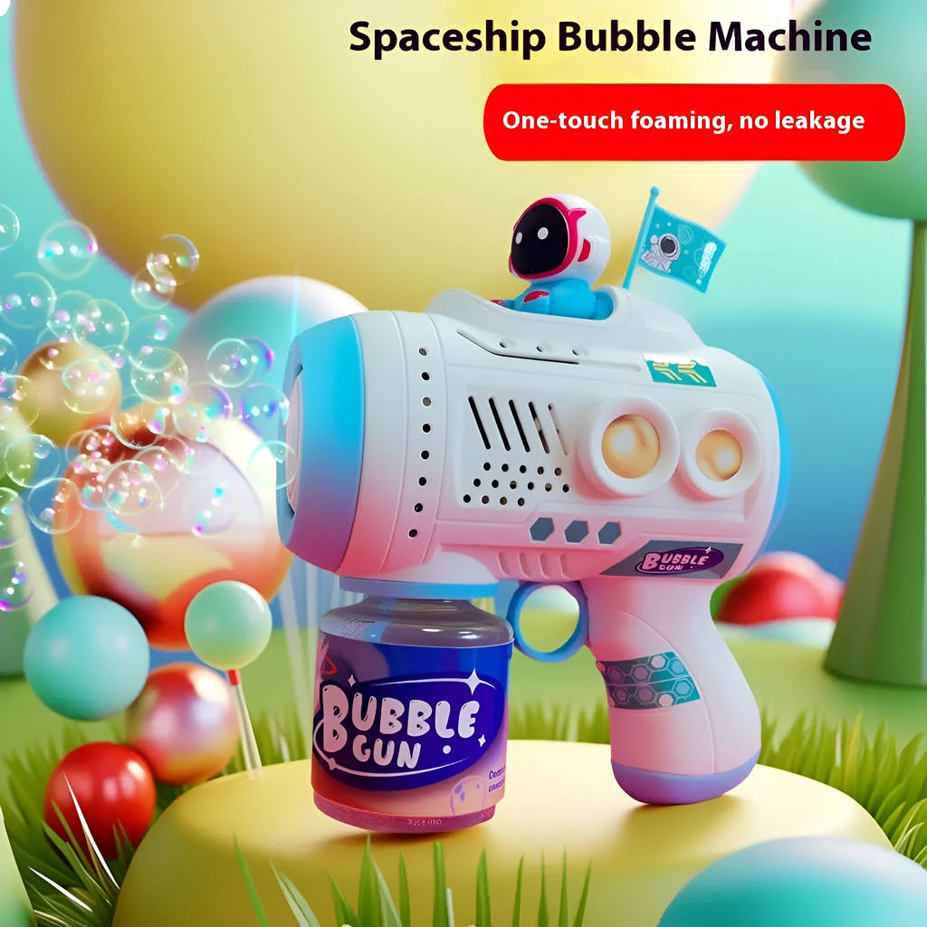Space astronaut themed blue children's bubble machine with soft lighting and bubble solution bottles