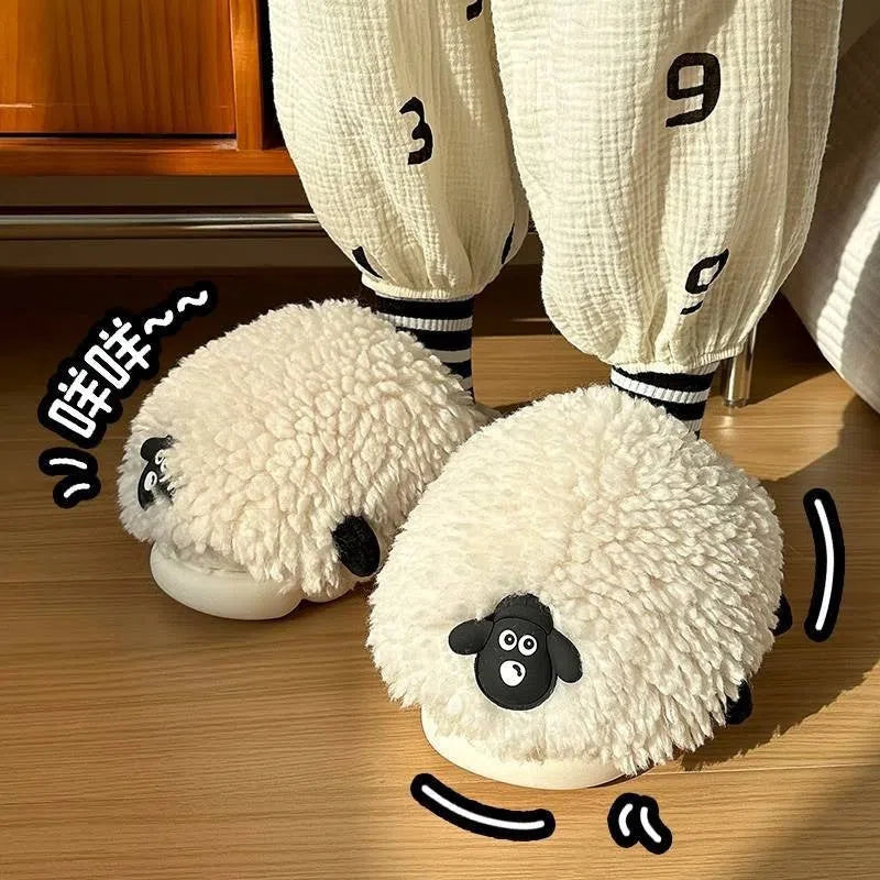 Women's cartoon sheepskin cotton slippers with wool lining and non-slip PVC outsole in black and white upgrade