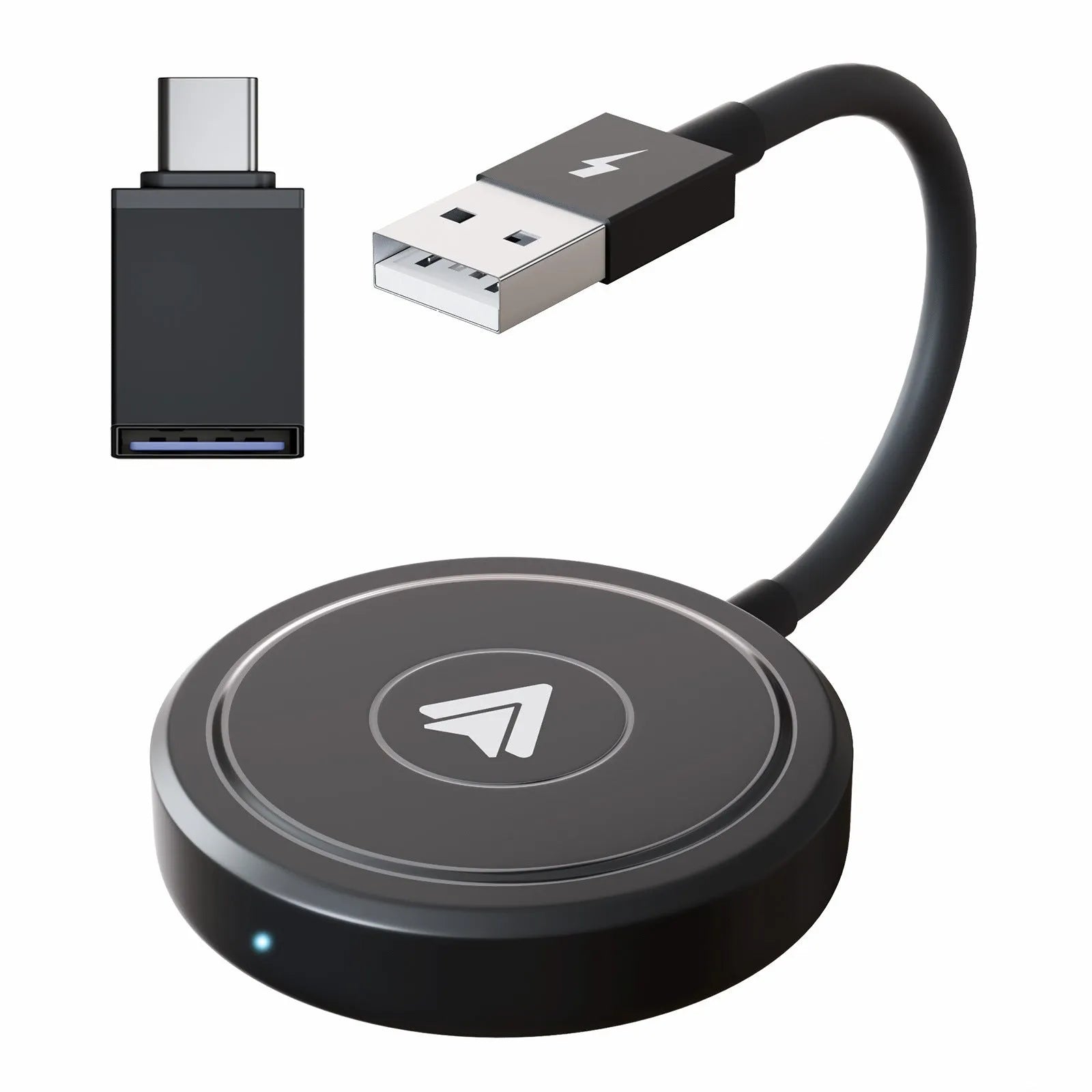 Black and white wireless Carplay adaptor for Android phones next to a car steering wheel