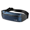 Men's blue waterproof Derm Oxford polyester waist bag for sports, showing its slim 45cm profile.