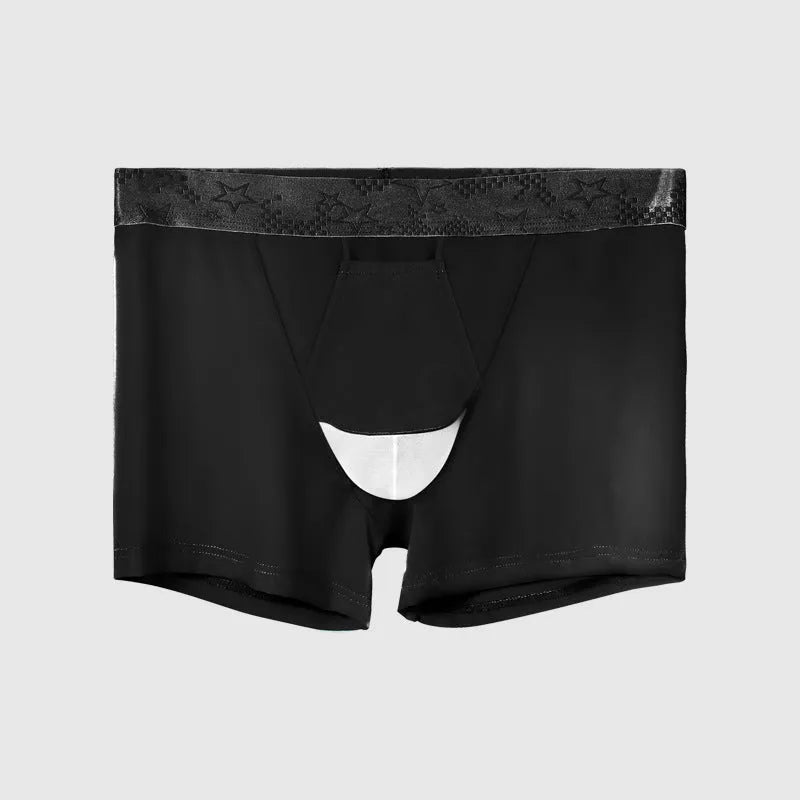 Men's solid colour nylon sports boyshorts on a mid waist, shown in light blue.