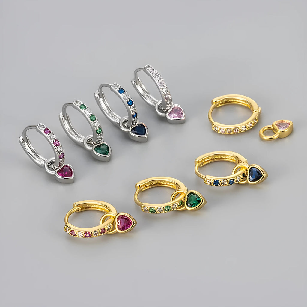 Women's zircon heart earrings with coloured gemstone eardrops in gold or white gold finish