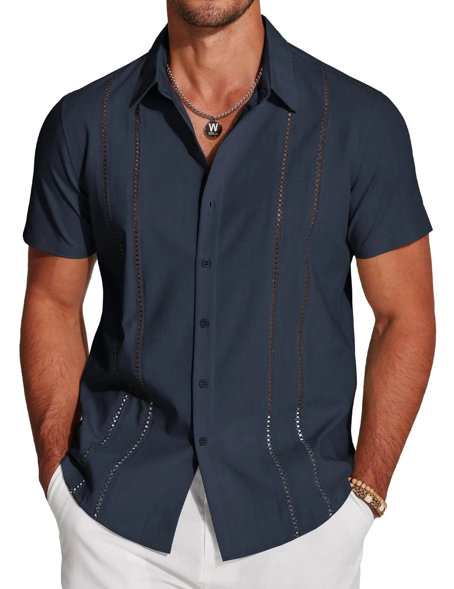 Men's slim fit short sleeve Hawaiian shirt with digital print pattern in elastic polyester fabric.