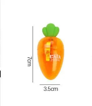 Orange carrot-shaped plastic pencil sharpener with cartoon design showing 7cm handle length