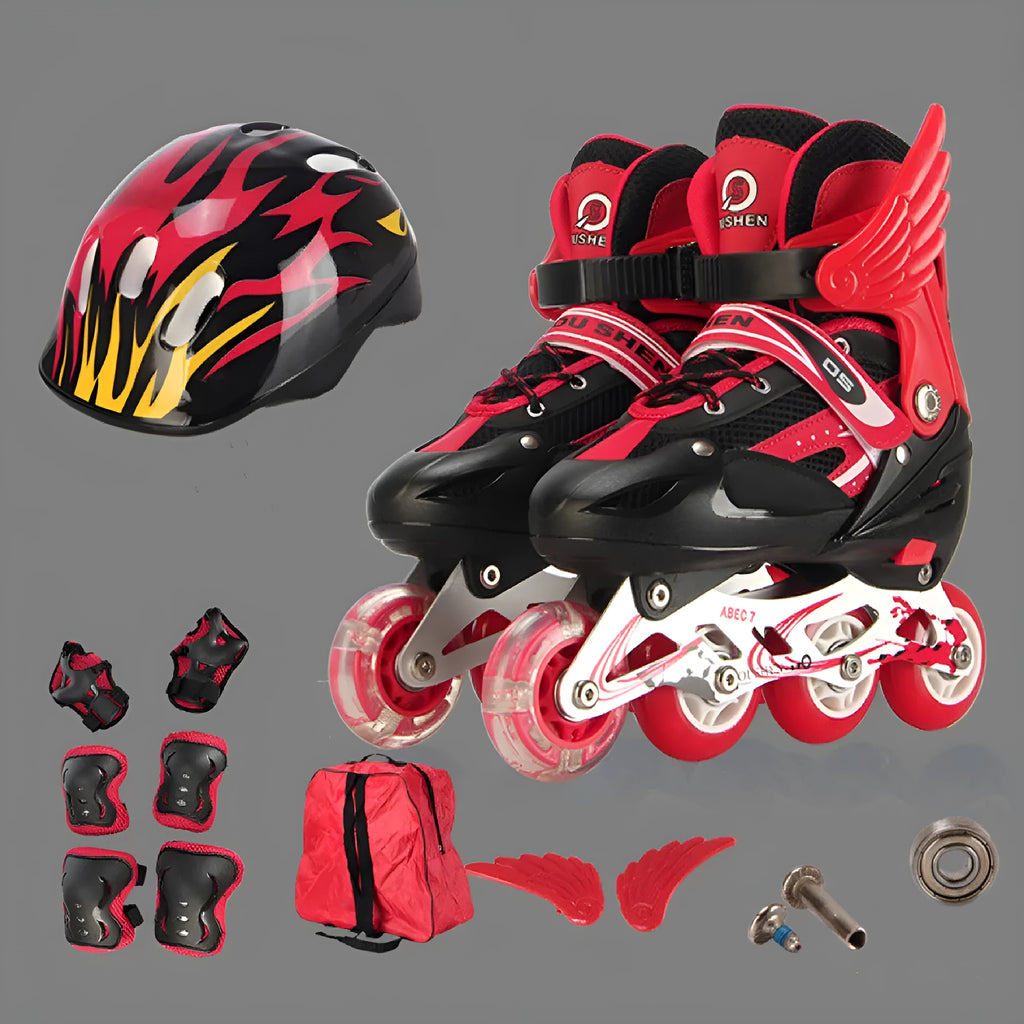 Children's adjustable inline skates in various colours with aluminium frame, foam wheels, helmet, and protective gear set.