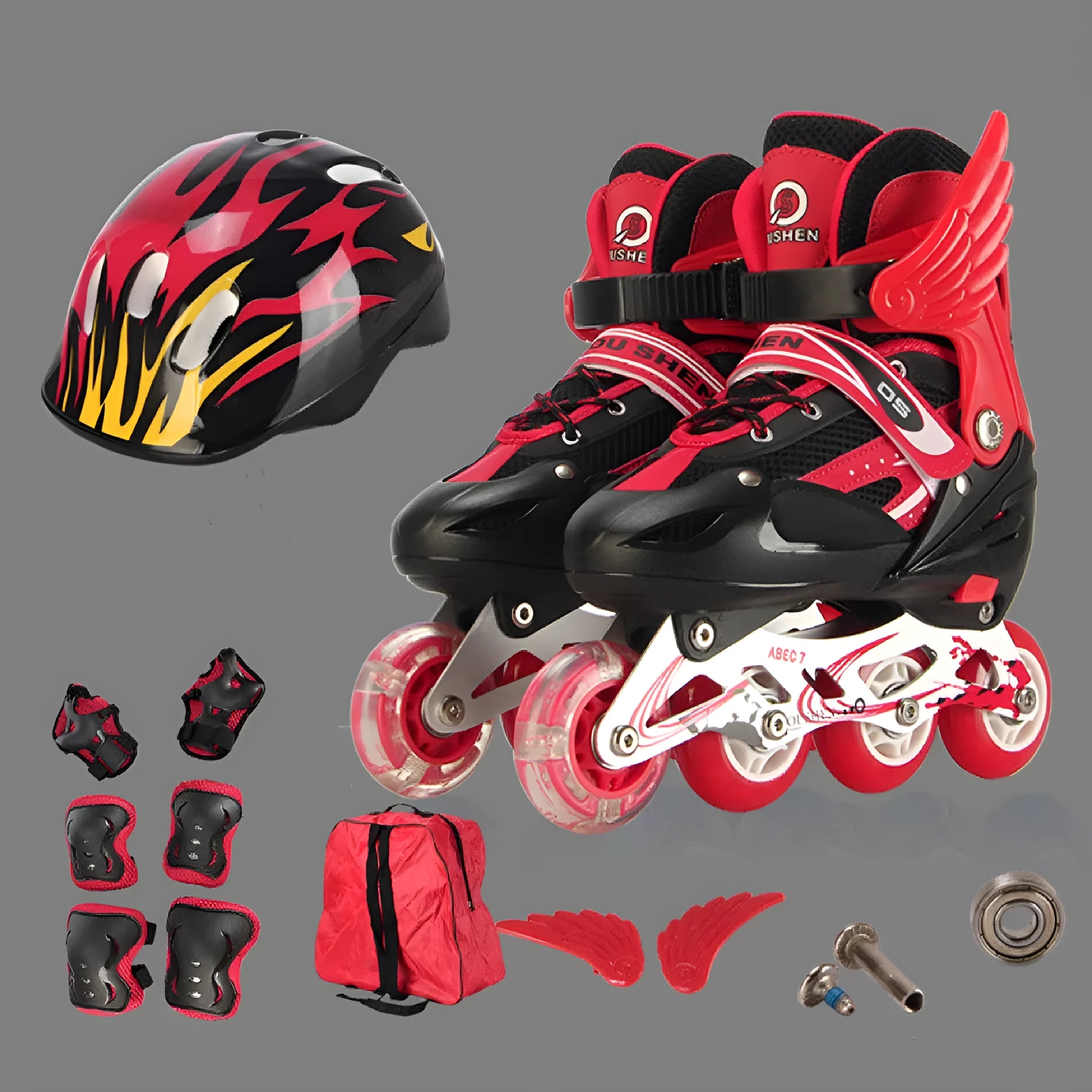 Children's adjustable inline skates in various colours with aluminium frame, foam wheels, helmet, and protective gear set.