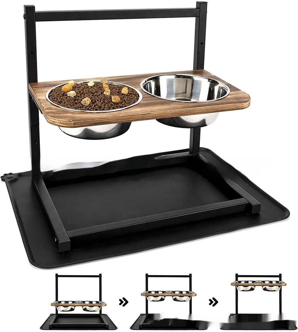 Black iron dog bowl feeding station set with two bowls on a rack, showing three height adjustment levels.