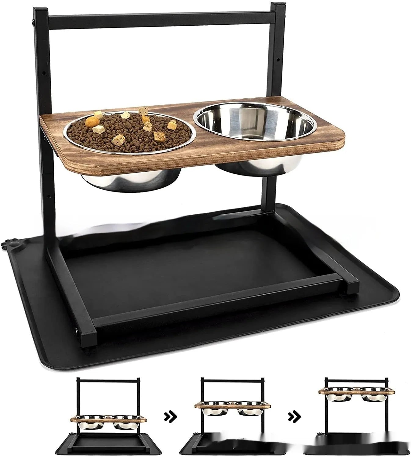 Black iron dog bowl feeding station set with two bowls on a rack, showing three height adjustment levels.