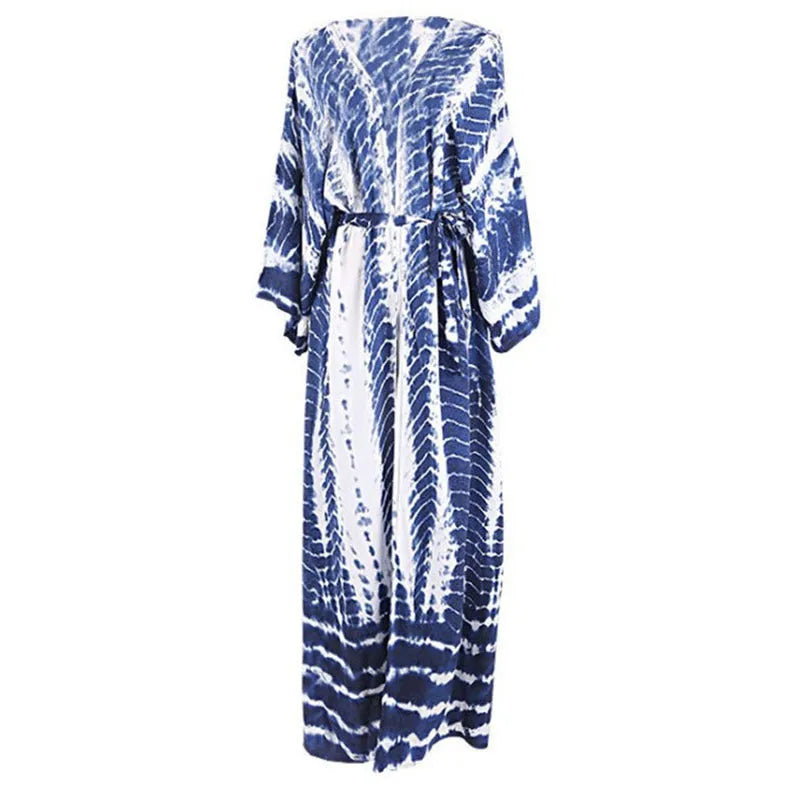 Women's loose printed cotton beach cover-up blouse with ruffle long sleeves in solid colour