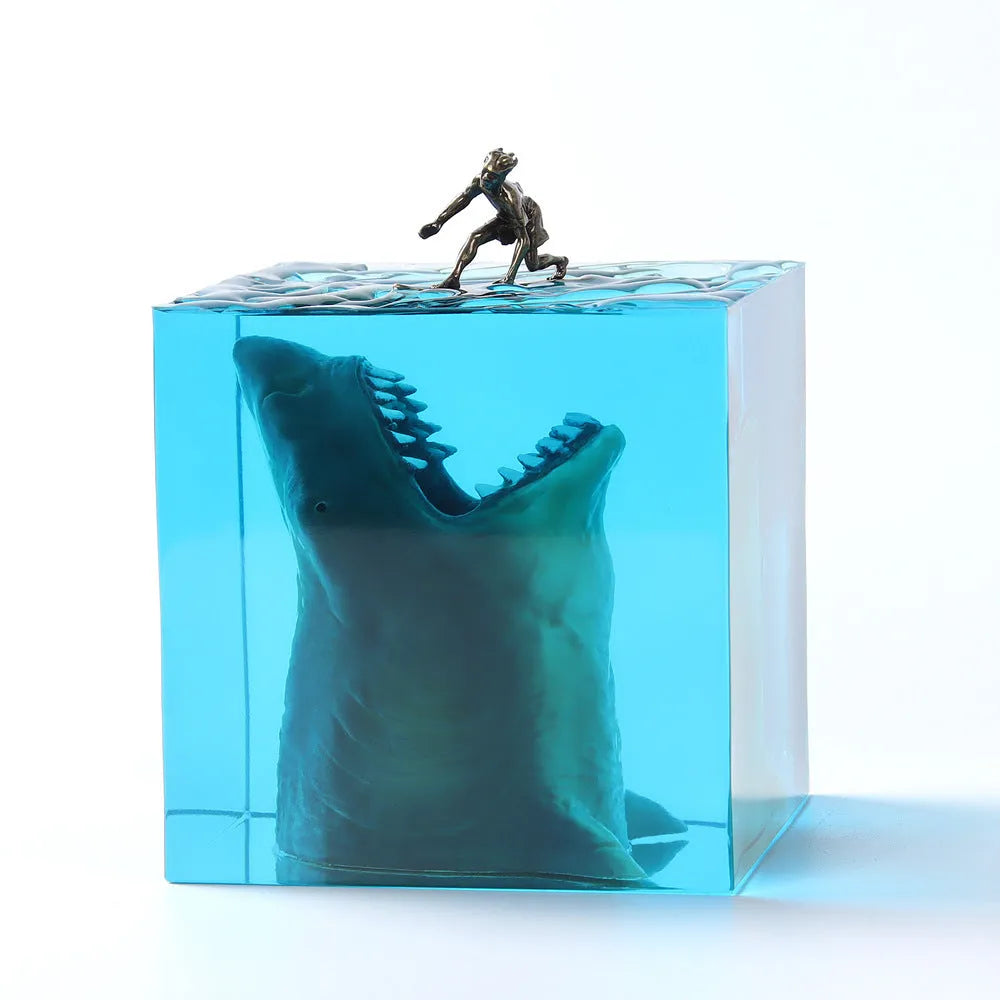 Ocean Shark Surfer resin night light ornament in epoxy resin with modern shark design