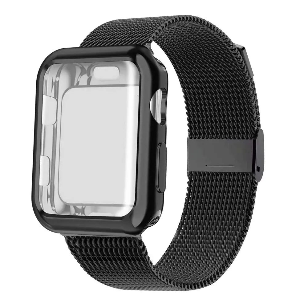 Silver magnetic Milanese loop metal band attached to an Apple Watch on a wrist.