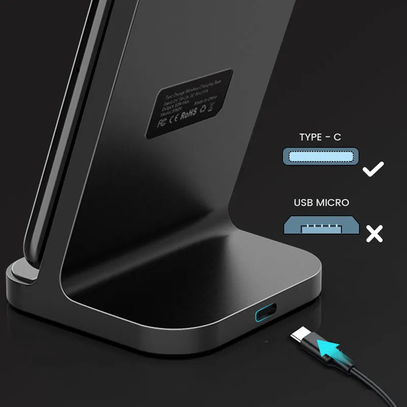 Dark grey vertical wireless charging base for Apple iPhones on desktop