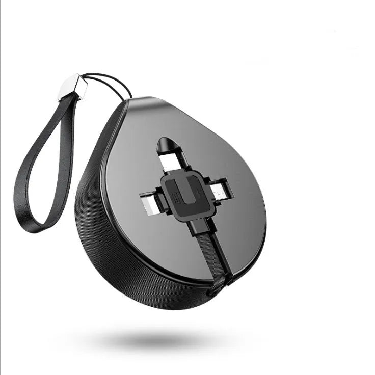Telescopic three-in-one fast charging data cable extended to show iPhone, Android, and USB-C connectors