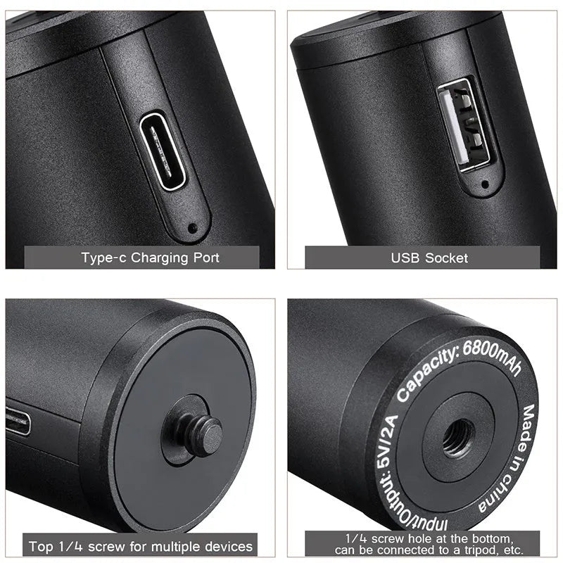 Black aluminium alloy handheld power bank with 6800mAh capacity shown from the side.