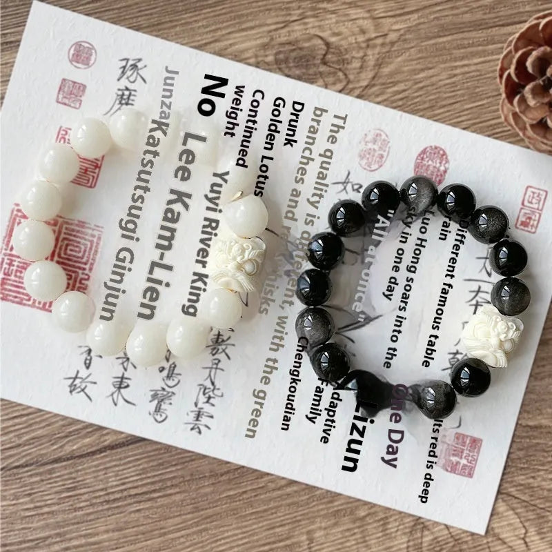 Obsidian Xingshi single circle prayer beads bracelet with chamfered square grain detailing