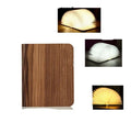Solid wood USB book light in three sizes on a wooden table.