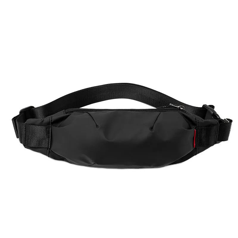 Black Oxford cloth men's crossbody waist pack showing front zipper and compact size.