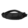 Black Oxford cloth men's crossbody waist pack showing front zipper and compact size.